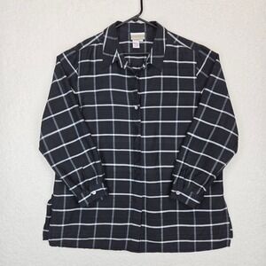 Coldwater Creek Women 100% Silk Windowpane Plaid Button Up Blouse XL Black